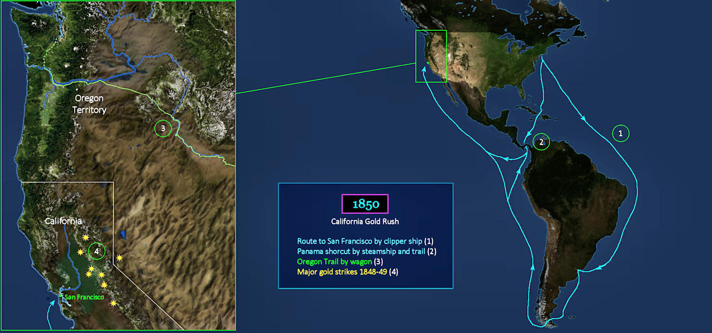 California Gold Rush routes, 1850 map